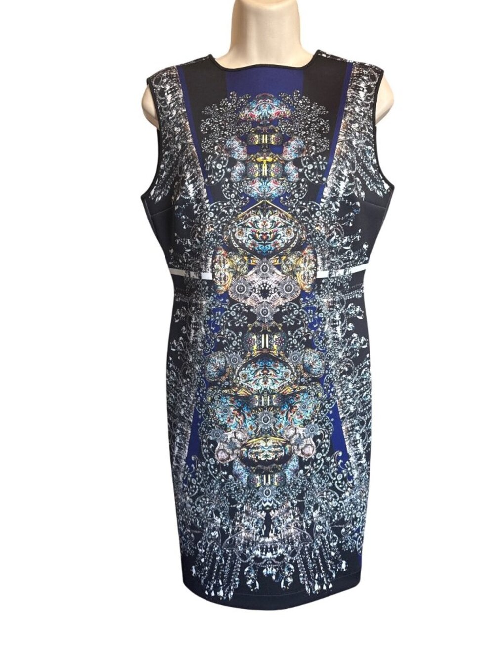 Clover Canyon Scuba Knit Dress L Blue Black Baroque Jewel Print Bodycon Cocktail